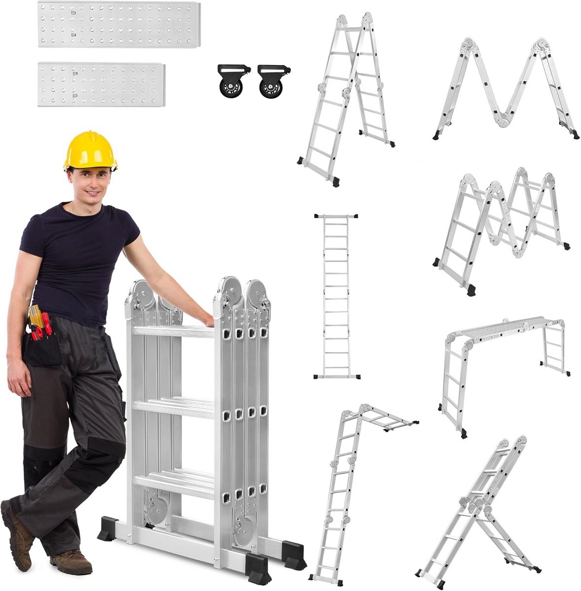 Vouwladder - Steigerladder - Klusklussen - 6-in-1 ontwerp - 340 cm - Zilver