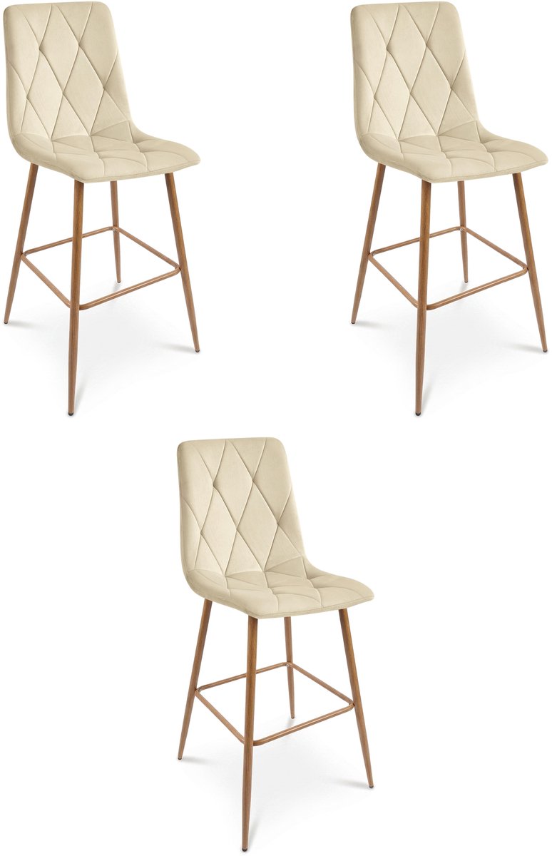 LEOBERT Set van 3 barkrukken LIBRA - Lichtbeige fluweel - Eikenlook metalen poten - Modern design