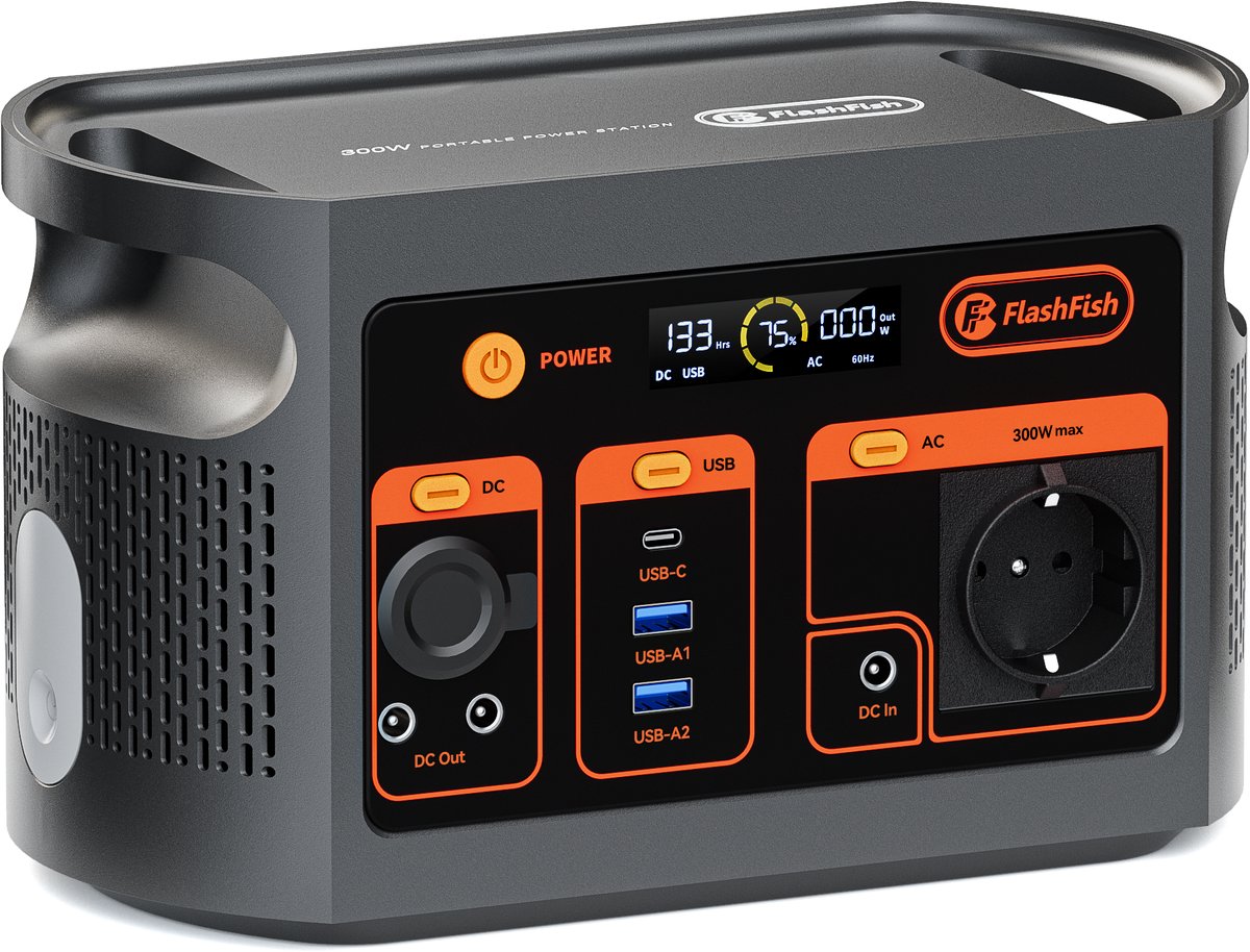FlashFish E103 Draagbare Powerstation - 179,2Wh 56000mAh LiFePO4 Batterij 300W AC Piek 600W Zwart-Grijs Met USB-A USB-C DC Draadloos Opladen LED Lamp Voor Kamperen Noodstroom Buiten Gebruik