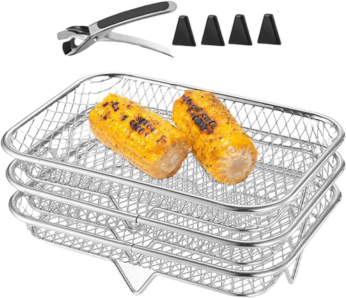 Airfryer Kookrekken - Grill Mand - Koken en Bakken - Stapelbare Drielagen Structuur - 3 Stuks - Zilver