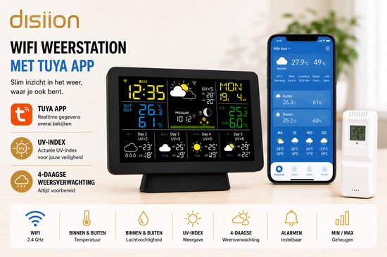 Distiion Smart Pro WiFi Weerstation met Buitensensor en App - Temperatuur Binnen en Buiten, Luchtvochtigheid, UV Index en Weersverwachting