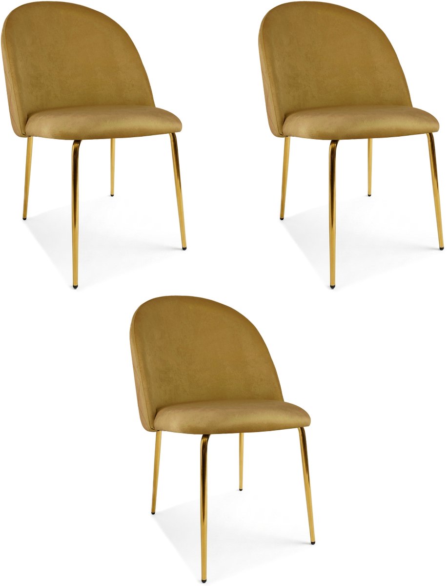 LEOBERT Set van 3 eetkamerstoelen INCA - Okergeel fluweel - Gouden metalen poten - Modern design Geel/Goud