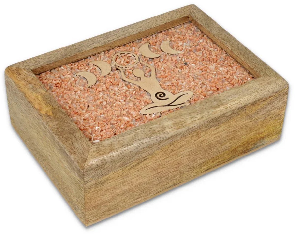 Tarot sieradendoos Godin maanfasen roze maansteen mangohout - ± 18 cm x 14 cm x 7 cm