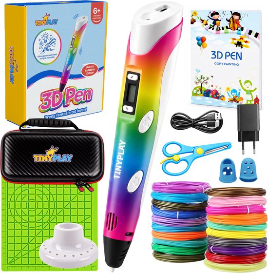 TinyPlay 3D pen starterspakket met pen in regenboogkleuren, filamenten, opbergcase, tekenmat en accessoires.