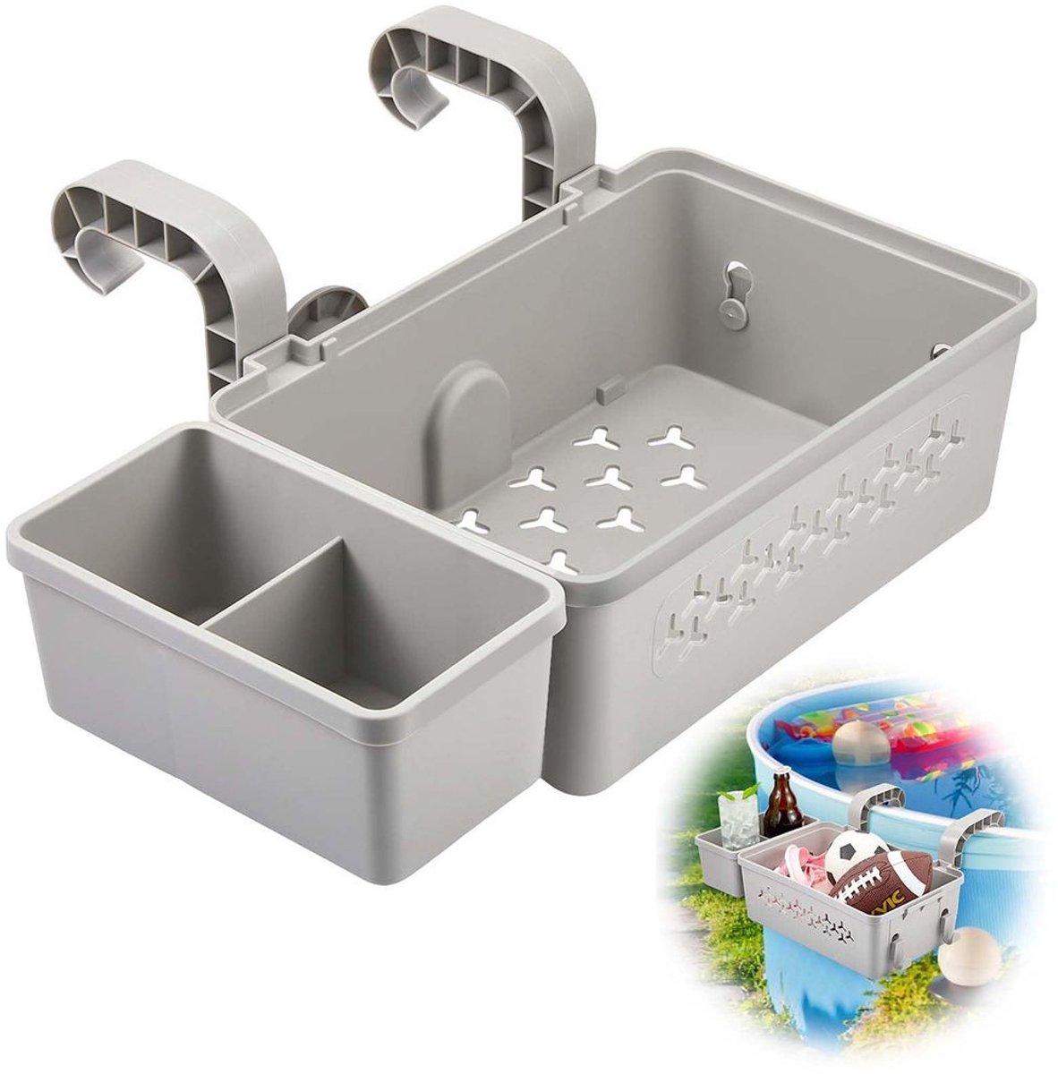 Opbergmand voor zwembaden, hangend model, met bekerhouder en opbergmand, geschikt voor inbouwzwembaden en jacuzzi's, grijze opbergbak.