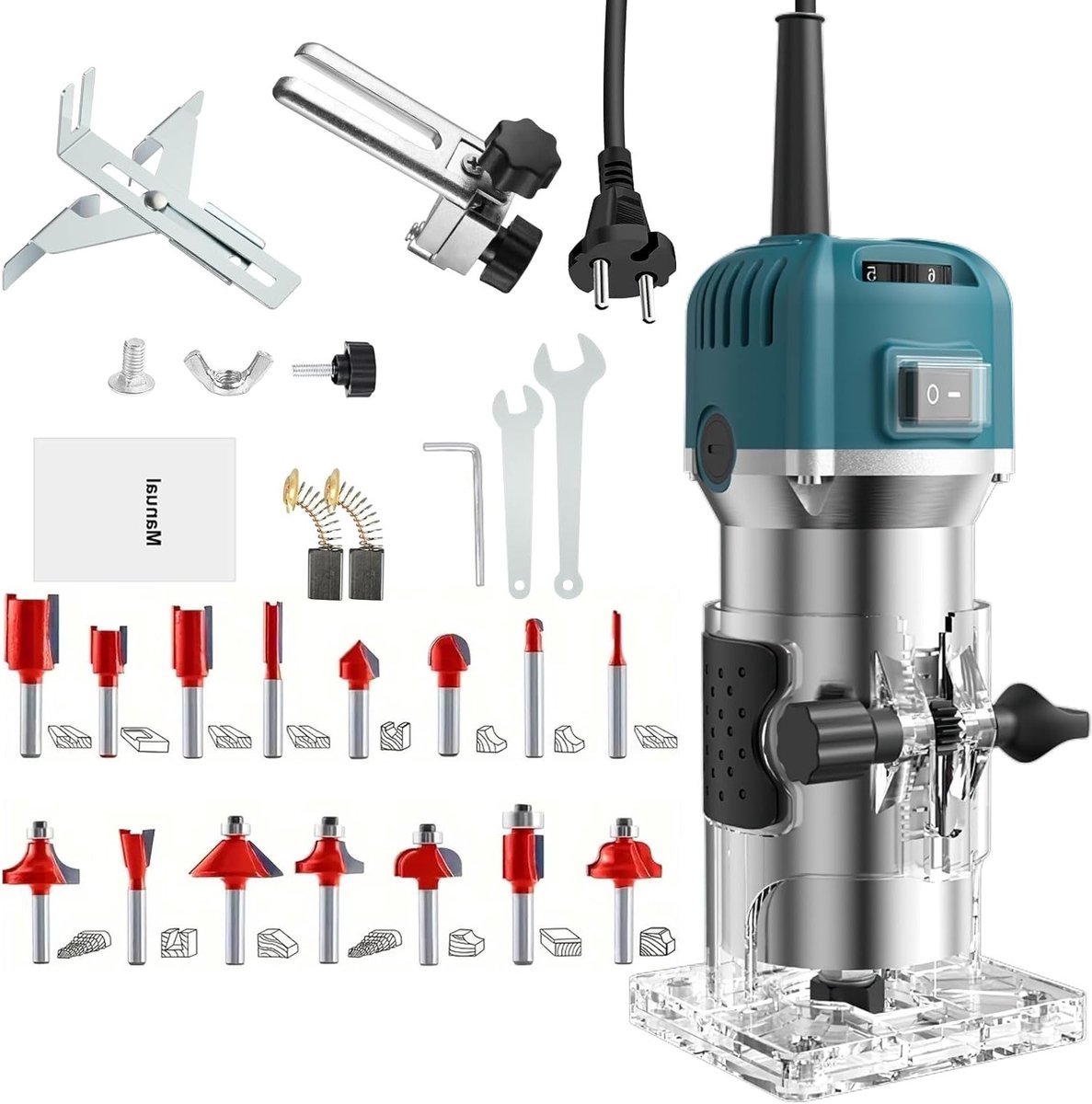 Houtfrezer 220 V, 800 W met 15 Frezen, Router Cutter, Trimmer, Enkele Handgreep, 6 Snelheden, 30.000 rpm voor Precisiewerk en Houtbewerking