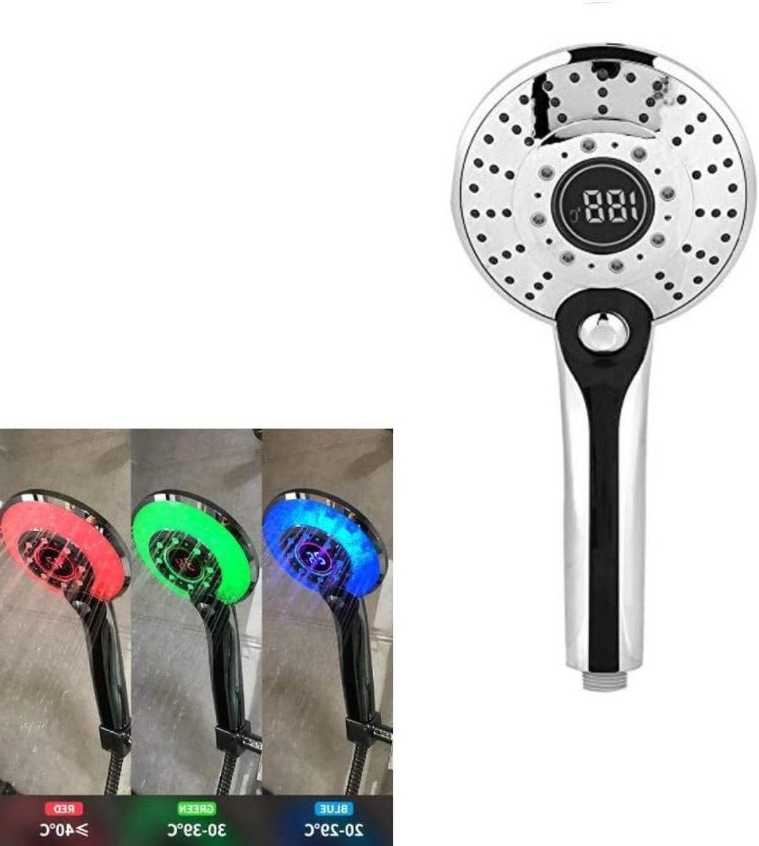 Verstelbare Handdouche met 3 Kleuren, Temperatuurregeling en LED Digitale Weergave voor Op