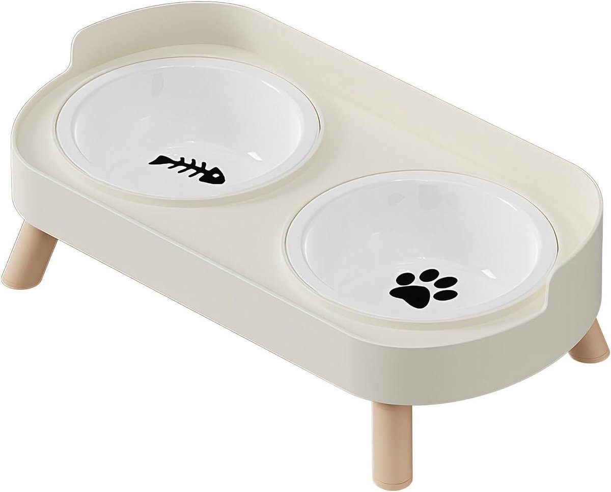 Verhoogde Hondenbakken - Dubbele Voerbak - Huisdieren Voeren - Antislip Keramiek - 34x17.5x6 CM - Wit