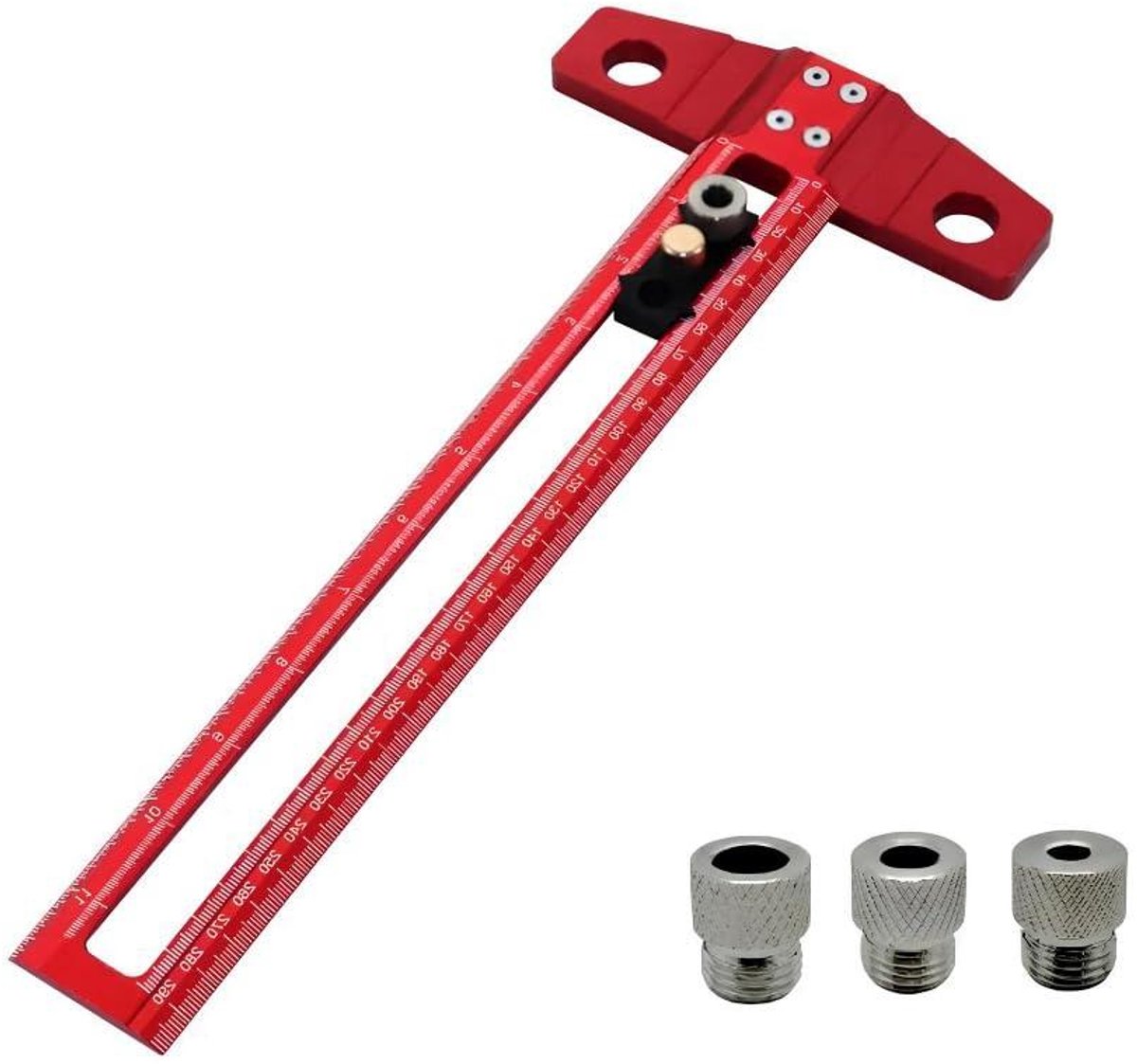 2-in-1 Aluminum Ruler, Metric Inch Scale, 6/8/10mm Sleeves (Red, 300mm)
