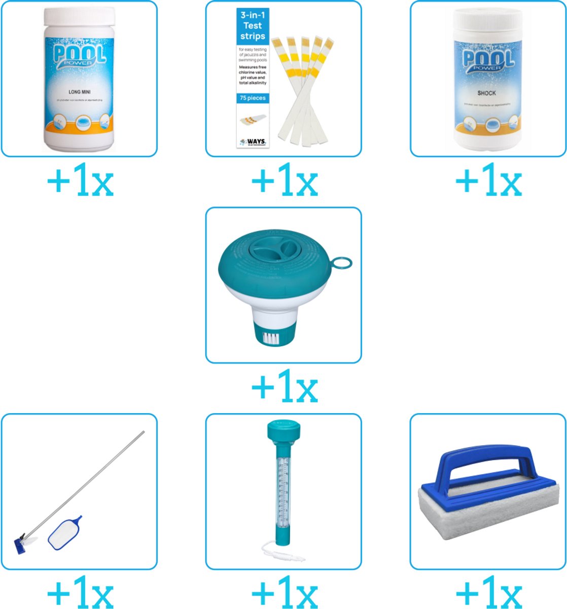 Zwembad Onderhoudspakket - Onderhoud Zwembad - bevat Chloor - Testrips - Chloor - Chloordrijver - Schoonmaakset - Thermometer en Scrubborstel (7-delig)