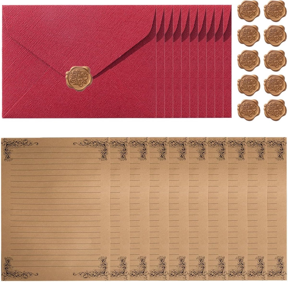 Briefpapier Set - 10 Vel Briefpapier - 10 Enveloppen - 10 Waszegelstickers - Vintage - Papier - Afmetingen Zie Afbeelding - Schrijfwaren