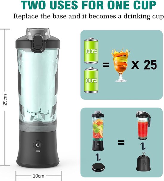 Draagbare Mixer - Smoothie Maker - Gezonde Drankjes Maken - 6 Roestvrijstalen Bladen - 600ml Capaciteit - Zwart — afbeelding 4
