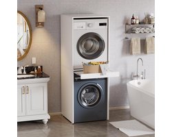 Wasmachine Droger Kast - Stapelrek - Ruimte Besparen - Verstevigd Stabiel Ontwerp - 180x65x66 cm - Wit Houtkleur