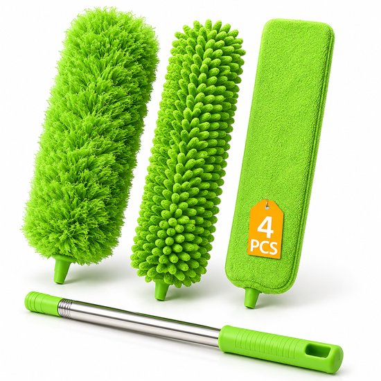 Vier groene plumeau-opzetstukken en een uitschuifbare steel met een oranje label '4 PCS'.