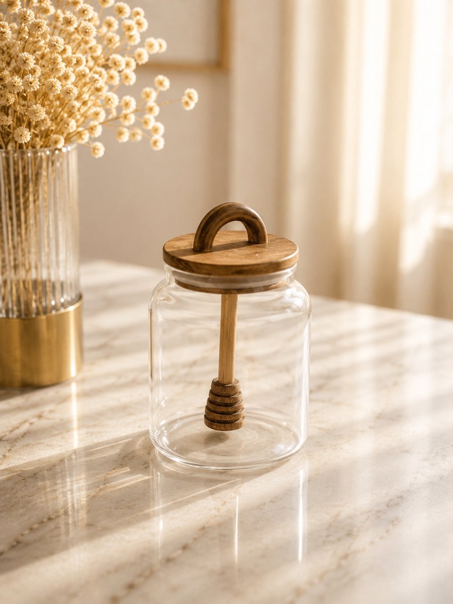 Bavary Honingpot met Houten Deksel en Honinglepel – Glazen Honingpot – Borosilicaat Glas – Acaciahout – Honing Bewaarpot – Honing Dispenser – Transparant