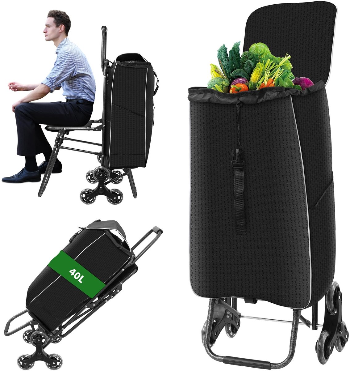 HomeGoodies - Boodschappentrolley met zitfunctie – Opvouwbare winkelwagen met 3-wiel traplopers - 35L tas – Waterdicht opbergvak