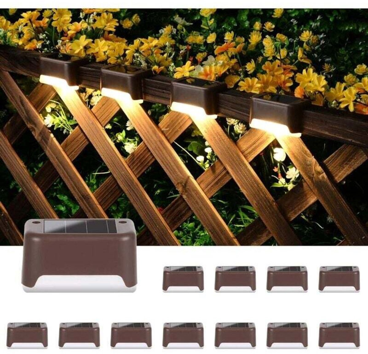 Op zonne-energie werkende buitenverlichting, 12-delige trapverlichting, waterdichte LED-lampen, geschikt voor buitentrappen, treden, hekken, binnenplaatsen, terrassen, afvoeren, paden en decoratie (bruin, warm wit).