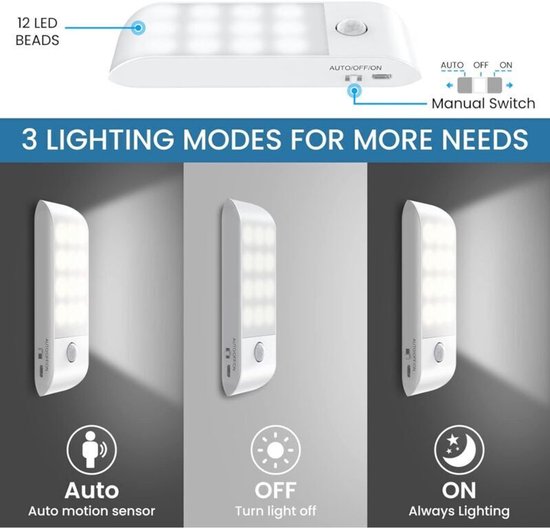 Oplaadbaar LED-nachtlampje, [2 stuks] Automatische sensor LED-lamp, draagbare magnetische wandlamp, geschikt voor kledingkasten, slaapkamers, gangen, bergingen, trappen [12 LED-lampjes] Wit licht (6000K) — afbeelding 3