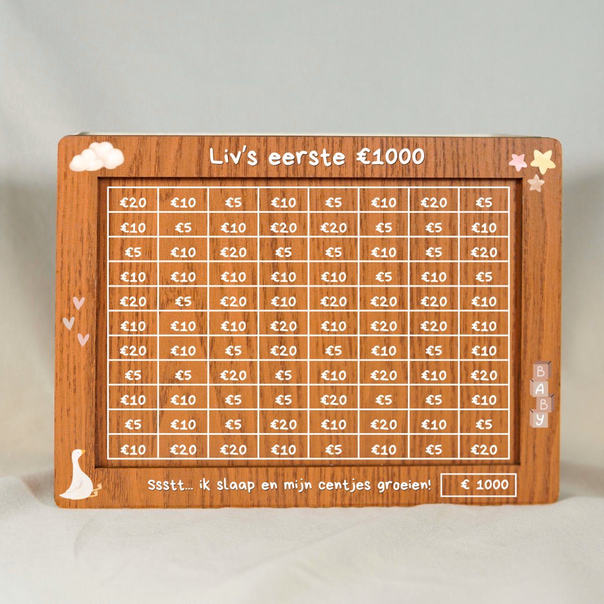 Gepersonaliseerd babyshower cadeau - Houten spaarpot met naam baby - Kraamcadeau - Spaarpot kind €1000 spaardoel