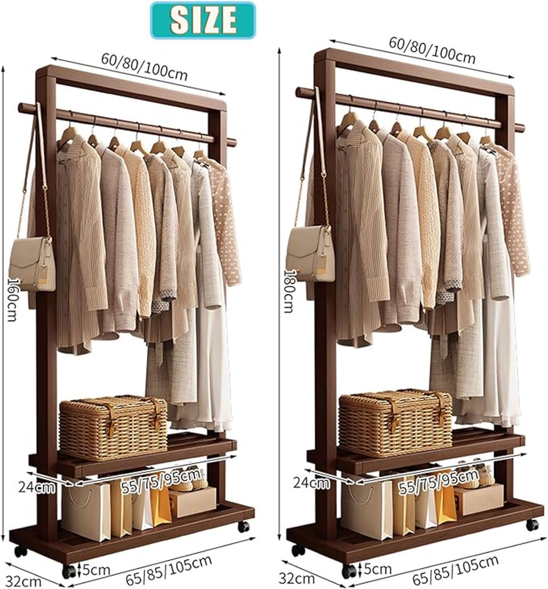 Vrijstaande Garderoberek Kapstok met Legplanken en Stabiele Kledingstang – 2 Designs met of zonder Wielen – Nordic Japandi Design Opbergrek voor Hal, Slaapkamer en Kantoor – Draagvermogen tot 80 kg