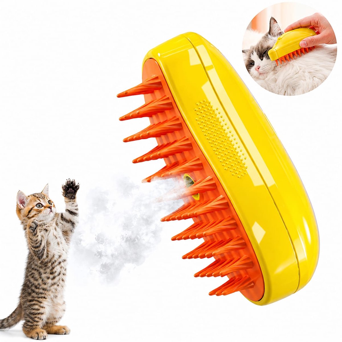 3-in-1 stoomborstel voor huisdieren met mangoprint | Stoomreiniging, ontwollen en massage voor katten en honden