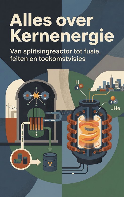 Cover 'Alles over Kernenergie': illustratie van splijtingsreactor en fusie.
