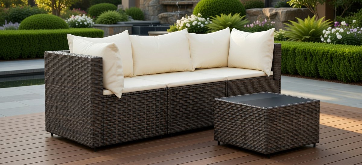 Luxe 4-Delige Loungeset met Kussens – Poly Rattan Tuinset voor 4 Personen – Inclusief Salontafel met Glasplaat – Weerbestendig Balkon & Terras Meubilair – Bruin – MedaHomeStore
