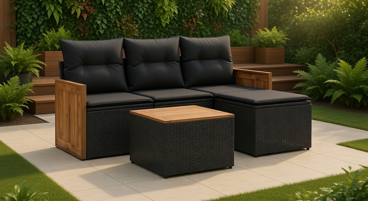 Luxe 5-Delige Tuinset met Kussens – Zwart Polyrotan Loungeset voor Buiten – Comfortabel Tuinmeubilair voor Balkon, Terras & Achtertuin – MedaHomeStore
