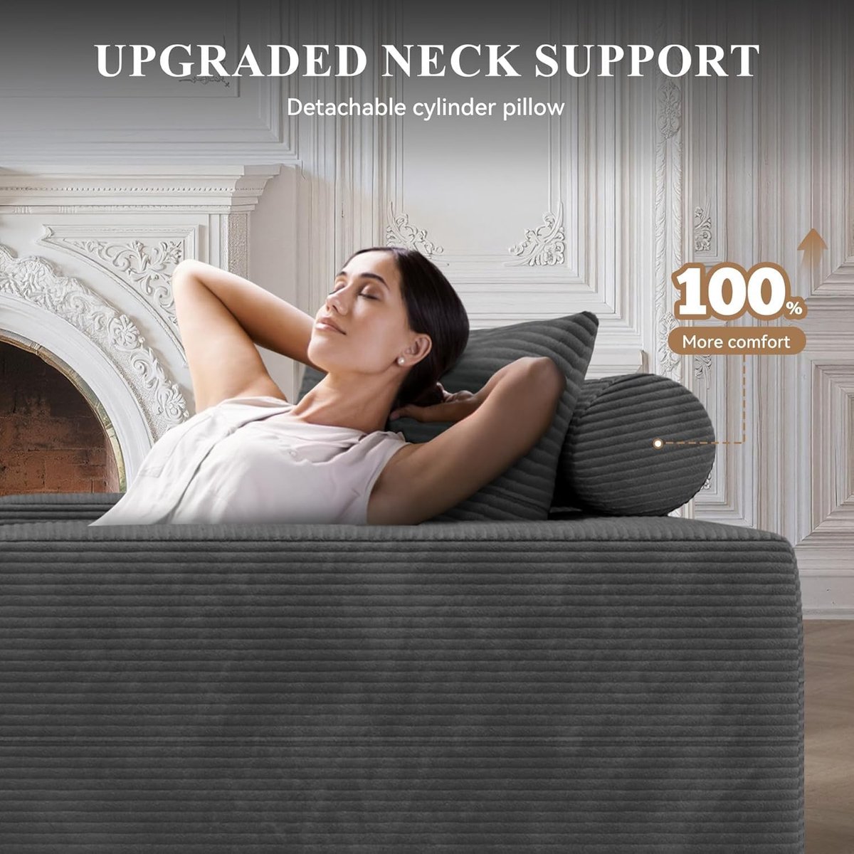 Hoekbank met slaapfunctie 264x177 cm – L-vormige Modulaire Bank met Links Chaise Longue, Frameloos Design, Corduroy Bekleding – Donkergrijs – Urbanhome