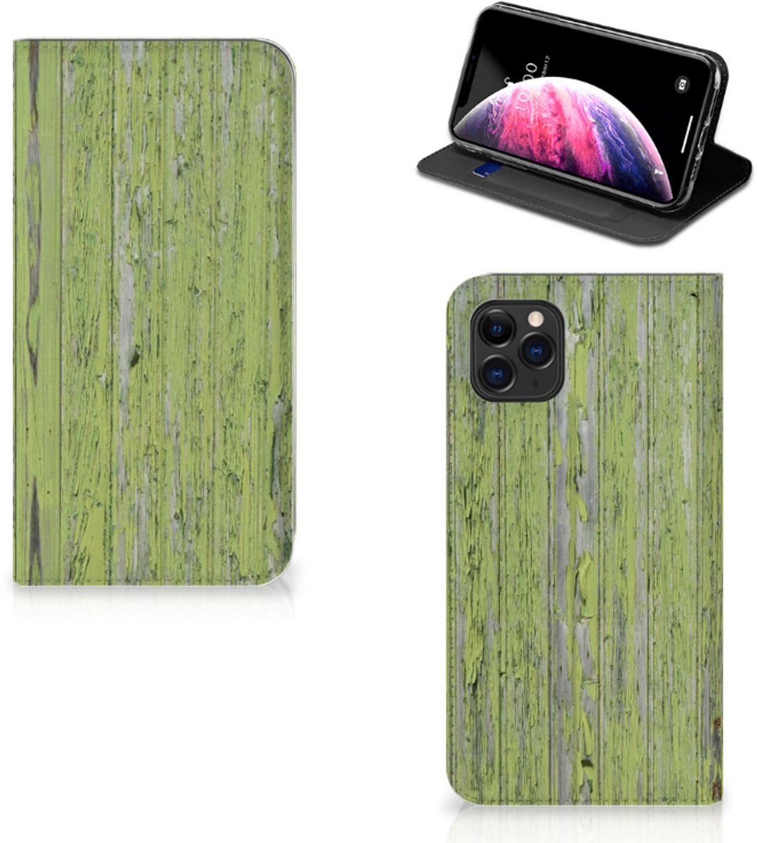 Apple iPhone 11 Pro Max Book Wallet Case Green Wood