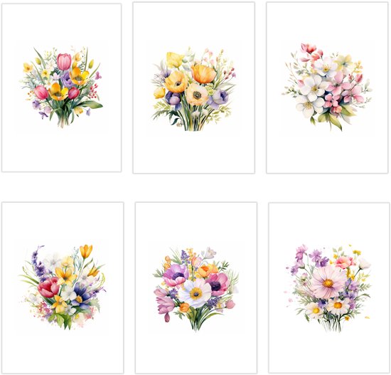 Zes verschillende aquarel wenskaarten met boeketten, waaronder tulpen, madeliefjes en diverse veldbloemen.