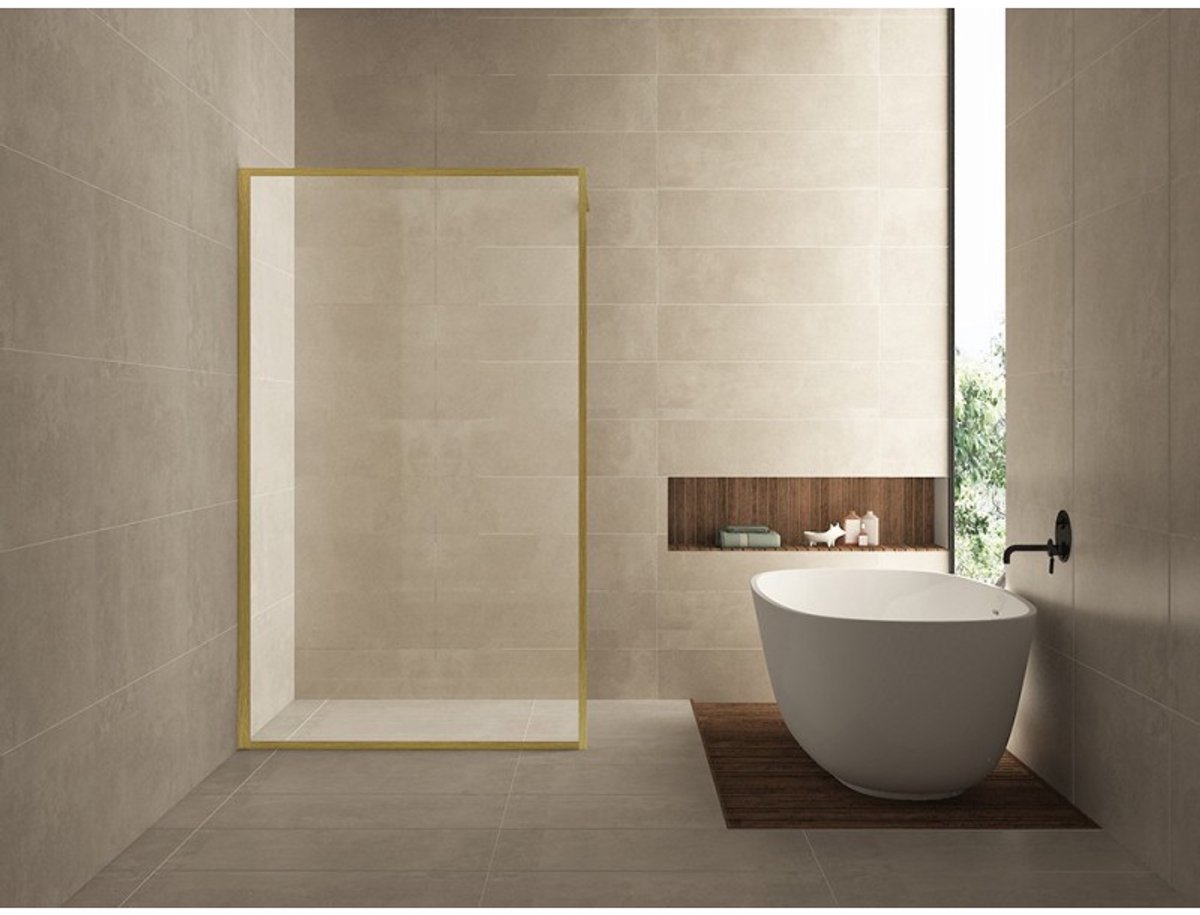 EXELVIA Inloopdouche 140x200 cm – 8 mm Nano Helderglas – Geborsteld Goud – Square Douchewand