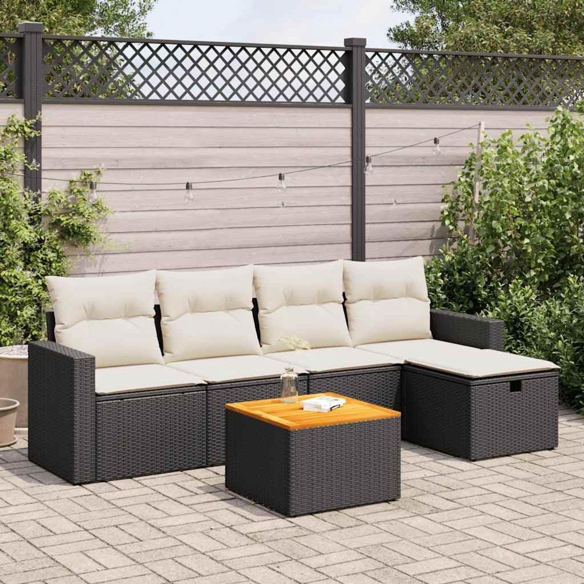 Luxe Modulaire 6-Delige Polyrotan Tuin Loungeset met Opbergruimte en Waterdichte Kussenzakken Zwart
