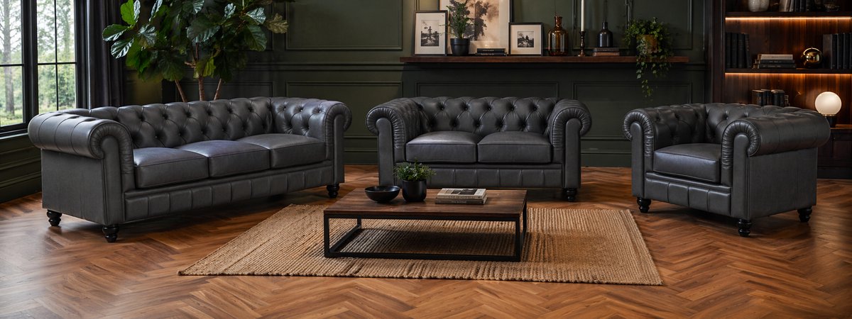Chesterfield Banken 1-2-3 Zits - Zwart - Set - Bank - Sofa - Leer
