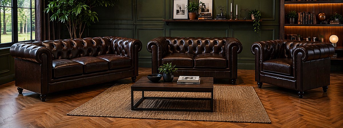 Meubeldistrict Chesterfield Banken 1-2-3 Zits - Bruin - Mokka - Set - Bank - Sofa - Leer Mokka Bruin