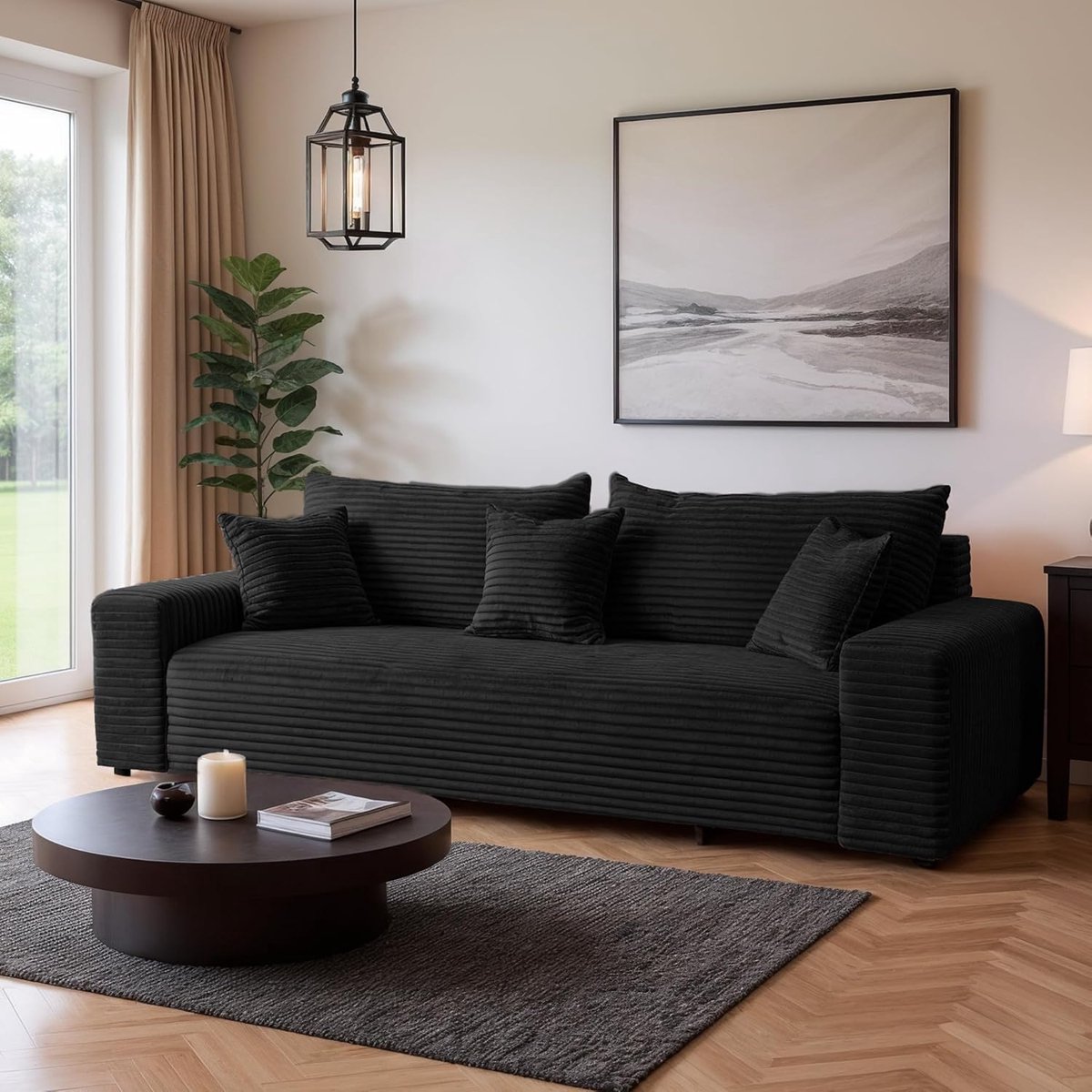 Slaapbank 3-zits met opbergruimte en XXL ligoppervlak 205x150 cm – Corduroy Bankbed 265 cm breed, T30 schuim, afneembare hoezen, Scandinavisch design – Zwart – Laura