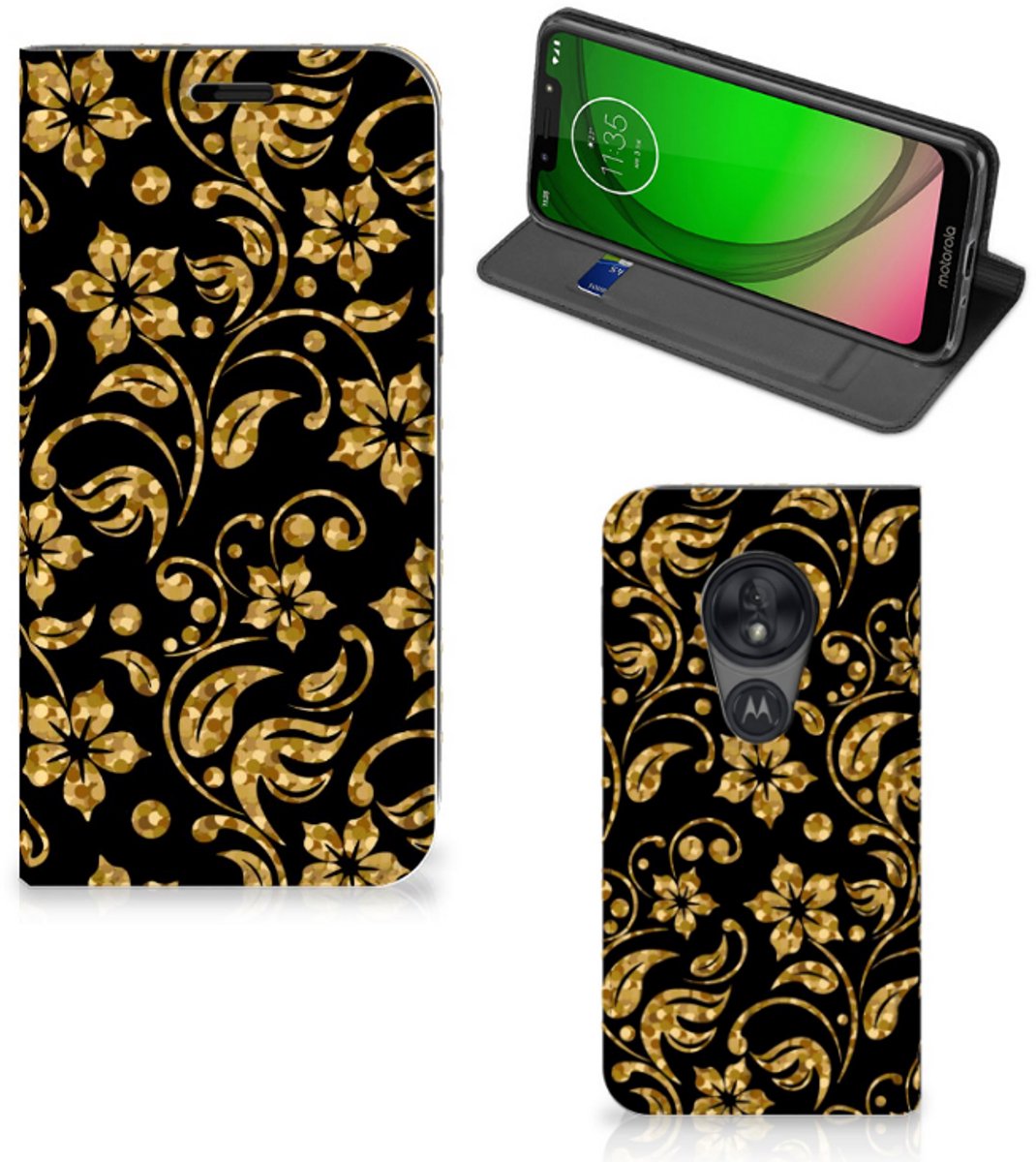 Motorola Moto G7 Play Smart Cover Gouden Bloemen