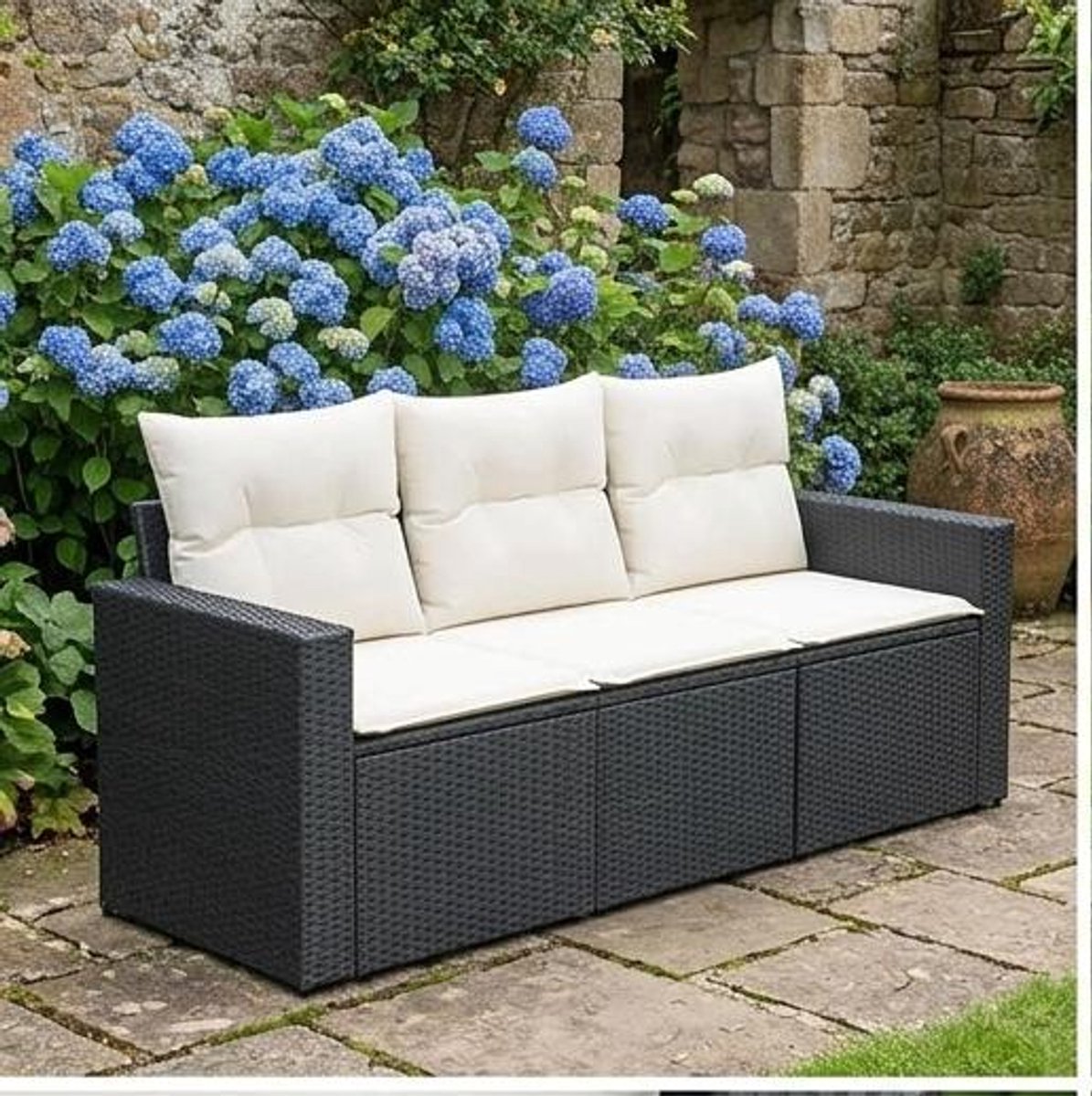 Loungeset tuin 3-delig – modulaire tuinbank met kussens, poly rattan tuinmeubelen set voor balkon, terras en tuin – weerbestendig en comfortabel – beige/grijs – Urbanhome