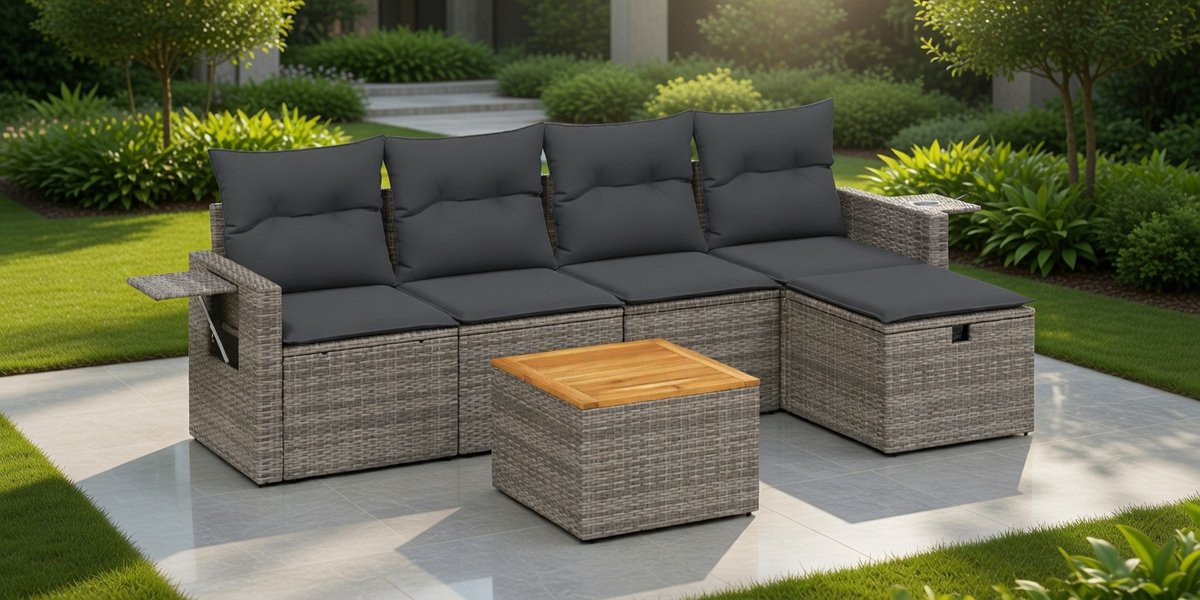 Luxe 6-Delige Poly Rattan Loungeset voor Balkon en Tuin – Inclusief Comfortabele Afneembare Kussens – Modulair Tuinmeubelset voor Patio en Buitenruimte – medahomestore