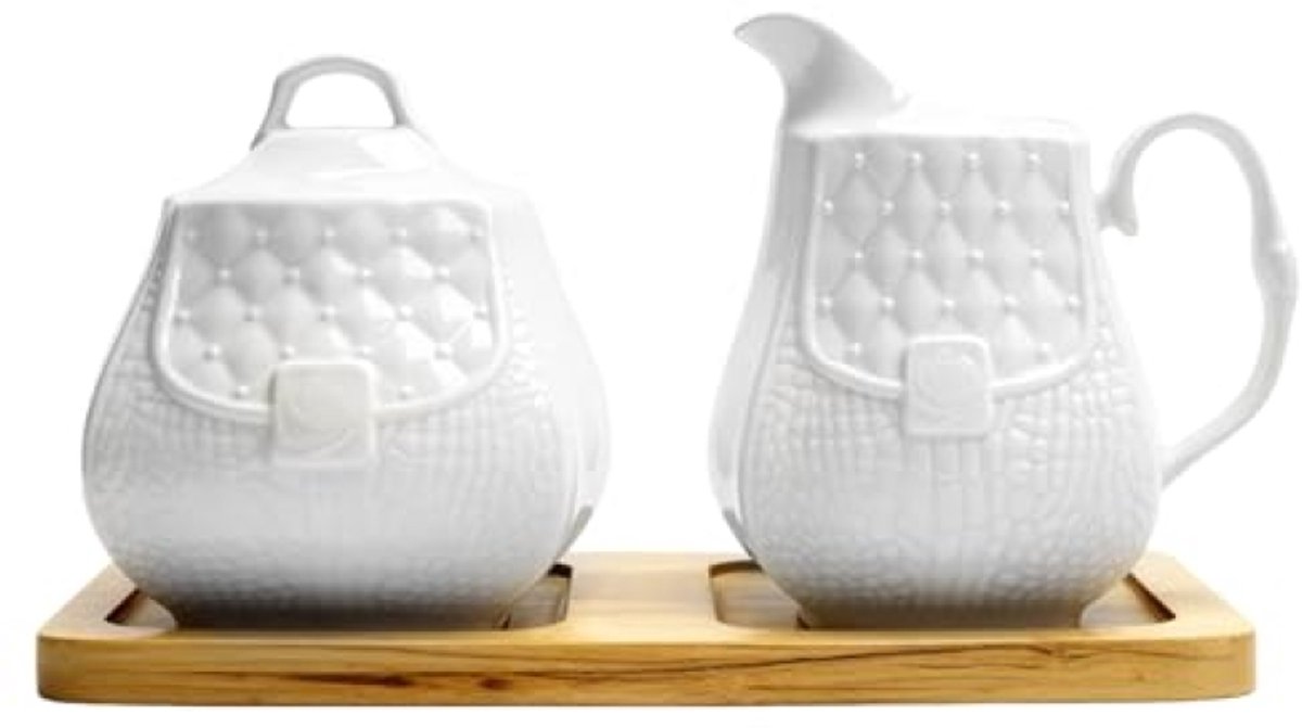 Keramische melk- en suikerset met houten dienblad - vaatwasmachinebestendig servies