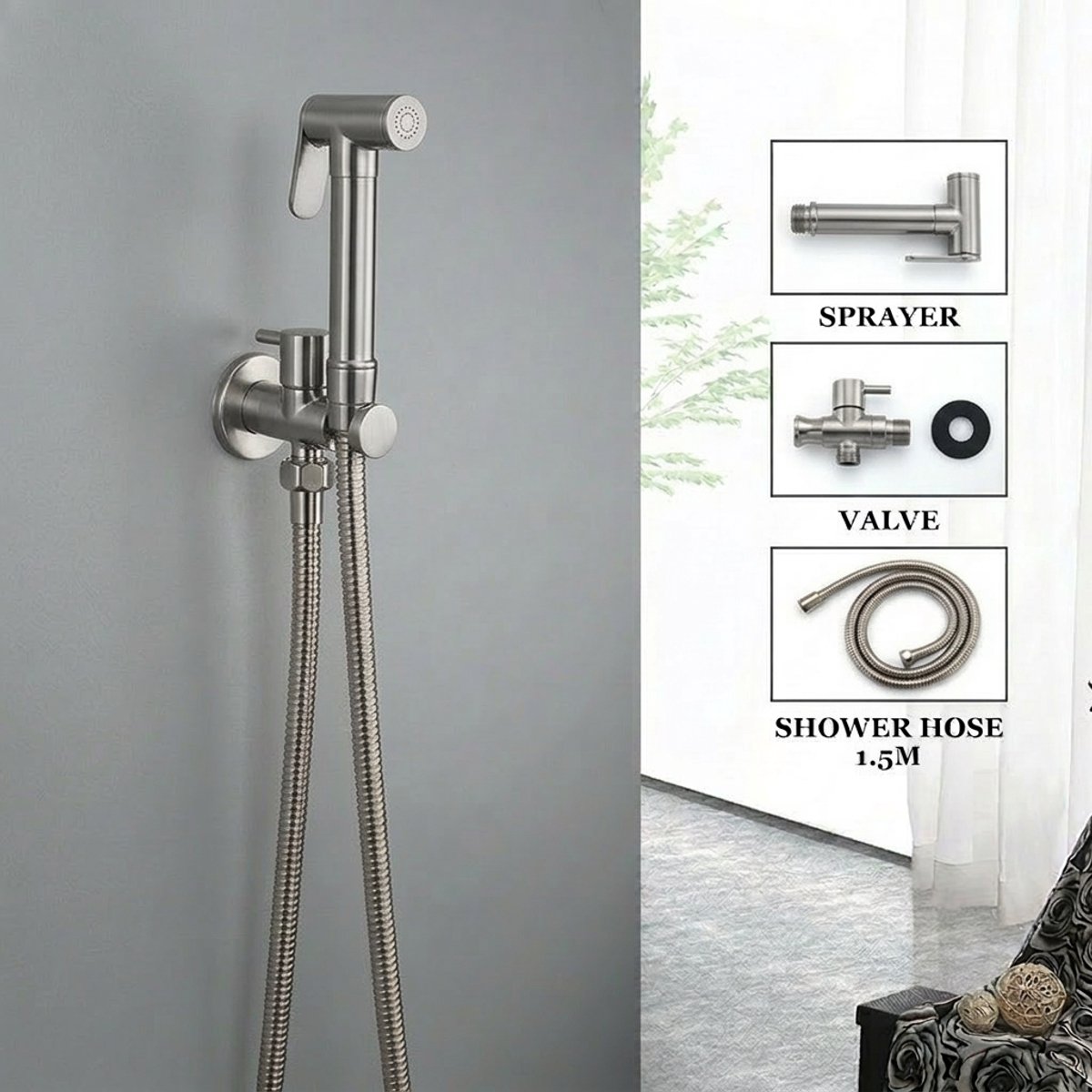 Luxe RVS Bidet Doucheset Gun Metal Grey – Complete 5-in-1 Set – Handdouche Bidet / Hand Shower – Geïntegreerde Houder (Zonder Boren) – Explosieveilige Spiraalslang – G 1/2"