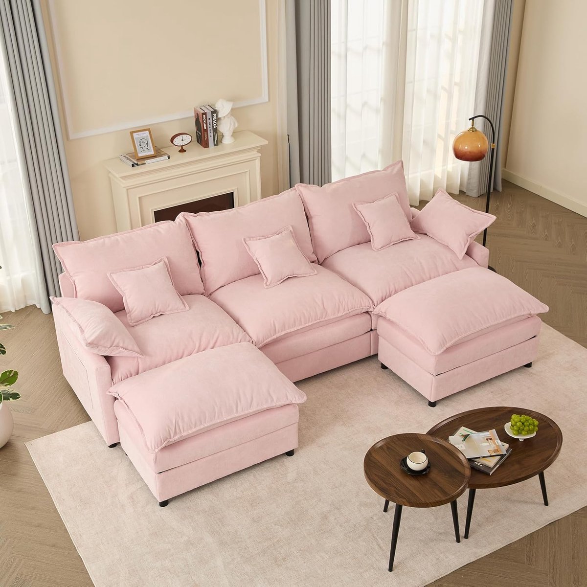 U-vormige Modulaire Hoekbank 274 cm met Slaapfunctie, Chenille Stof, Lichtroze, Diepe Zitting 63,5 cm – Luxe Woonlandschap 5-Zits met Ottomane en Kussens – Laura