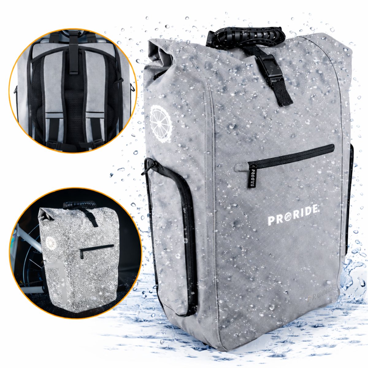 Proride® Fietstas Enkel - Rugzak - Rugtas 25L - Fietstas Electrische Fietsen - 3-in-1 Waterdicht Fietstas - Met Schouderband - Met Laptophoes- 25 Liter - Reflecterend Grijs - Fietszakken - Elektrische Fiets