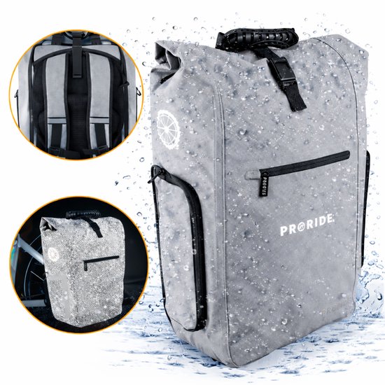 Sac à dos de vélo gris PRORIDE, 100% étanche, présenté avec des gouttes d'eau. Encadrés : dos et détails sur un vélo.
