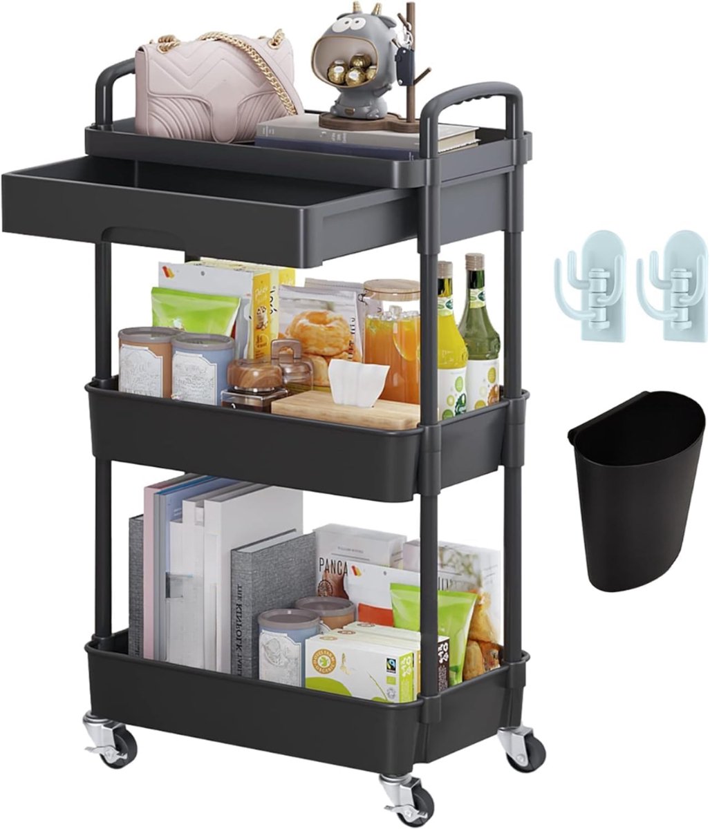 DnA® Keukentrolley - Keukentrolley op Wieltjes - Serveerwagen - Serveerwagen op Wieltjes - Zwart - 40cm x 30cm x 78cm