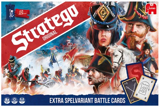De doos van Stratego Original toont een veldslag met soldaten in historische uniformen, met rode en blauwe stukken op de voorgrond.