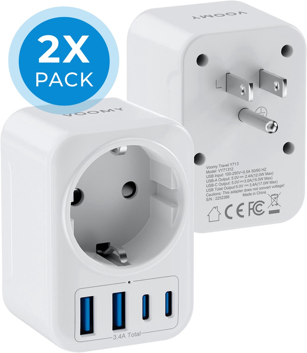 Voomy Reisstekker Amerika/USA 2x Pack - Met 4 USB - Wereldstekker Type B - 2 USB-C & 2 USB-A - Wit