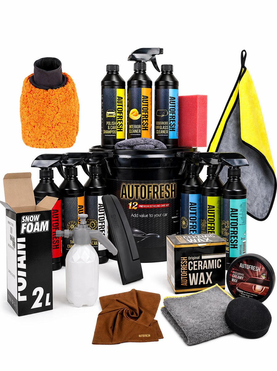 AutoFresh Ultimate Premium Auto Was & Detailing Set – Inclusief Carnauba Wax, Wateraftrekker, Zeemleer, Drukspuit met Foam Gun & Applicatiespons – Complete 20+ Delige All-in-One Bundle – Professionele Reiniging, Drogen & Bescherming