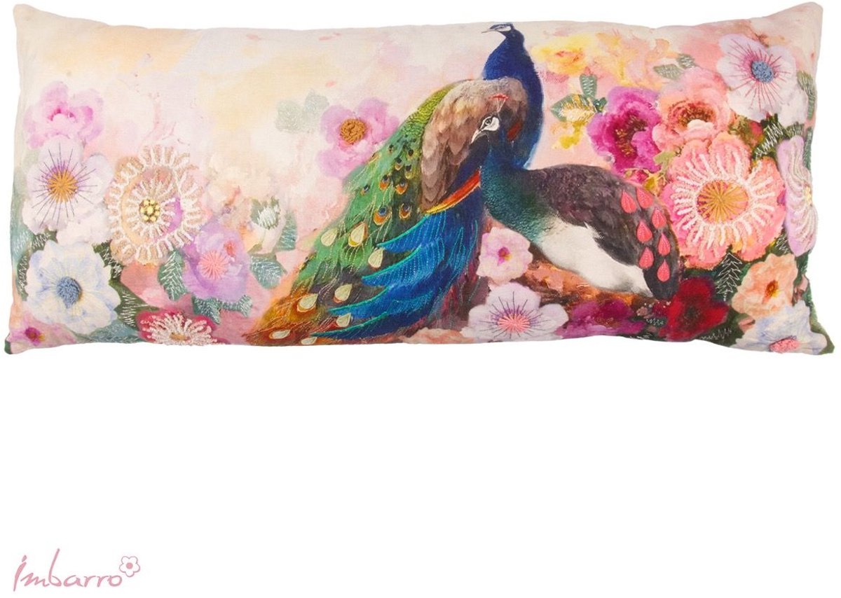 Imbarro Kussen - Sierkussen - Majesty - Pauw - Bloemen - XL - 40 x 90 cm - 100% Katoen