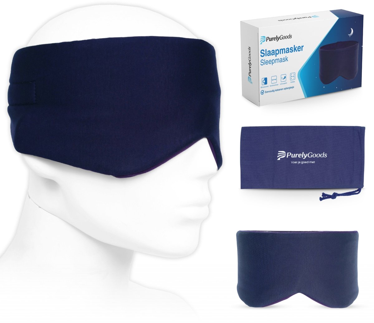 PurelyGoods® Slaapmasker - Oogmasker - Verduisterend - Mannen en Vrouwen - Katoen - Donkerblauw